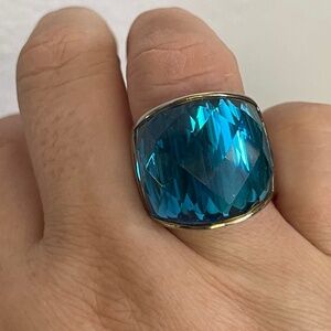 Simona Collini Italy blue crystal, stainless steel cocktail, chunky ring size 8